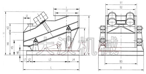 ZSG礦用振動篩外形示意圖：B為礦用振動篩寬度，L為礦用振動篩長度。H為礦用振動篩高度等。