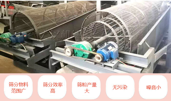 滾筒篩分機主要特點：篩分物料范圍廣，篩分效率高，篩分產量大，無污染，噪音小。