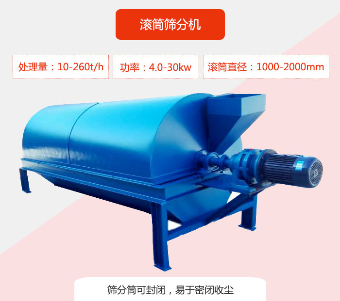 滾筒篩分機：處理能力：10-260t/h  功率：4.0-30kw 滾筒直徑：1000-2000mm 篩分筒可封閉，易于密閉收塵