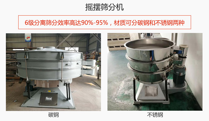 搖擺篩分機(jī)6級分離篩分效率高達(dá)90%-95%，材質(zhì)可分碳鋼和不銹鋼兩種。