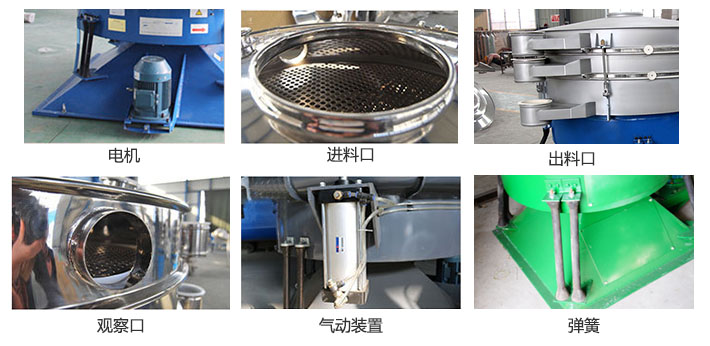搖擺篩分機(jī)由進(jìn)料口，出料口，觀察口，電機(jī)，彈簧，氣動裝置等部件組成