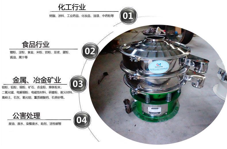 面粉振動篩粉機(jī)適用于化工，食品，金屬、冶金，公害處理等行業(yè)