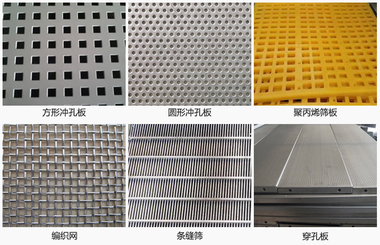 直線振動篩篩網分方形沖孔板，圓形沖孔板，聚丙烯篩板，編織網，條縫篩，穿孔板等。