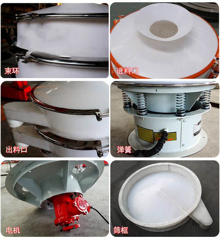 塑料防腐蝕振動篩細(xì)節(jié):進(jìn)料口，框體，網(wǎng)架底框，出料口等。