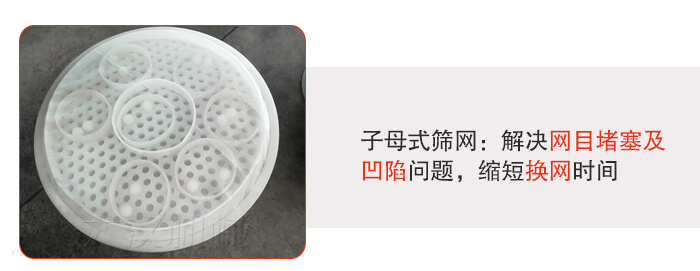 塑料防腐蝕振動篩采用子母扣式網(wǎng)架可安裝彈跳球進(jìn)行清網(wǎng)，解決篩網(wǎng)堵塞問題。