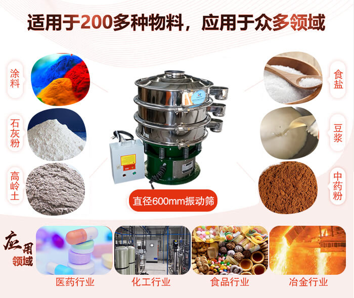 直徑600mm振動(dòng)篩使用的行業(yè):醫(yī)藥行業(yè)，公害處理，食品行業(yè)，化工行業(yè)。